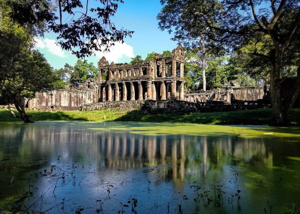 Double story buiding of Preah Khan Temple showcasing the unique architecture with intricate carvings in Angkor, Cambodia.